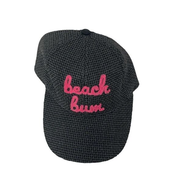 Beach Bum Hat Black Woven Baseball Cap Pink Embroidery Womens OS Strap Back NEW - Picture 1 of 7